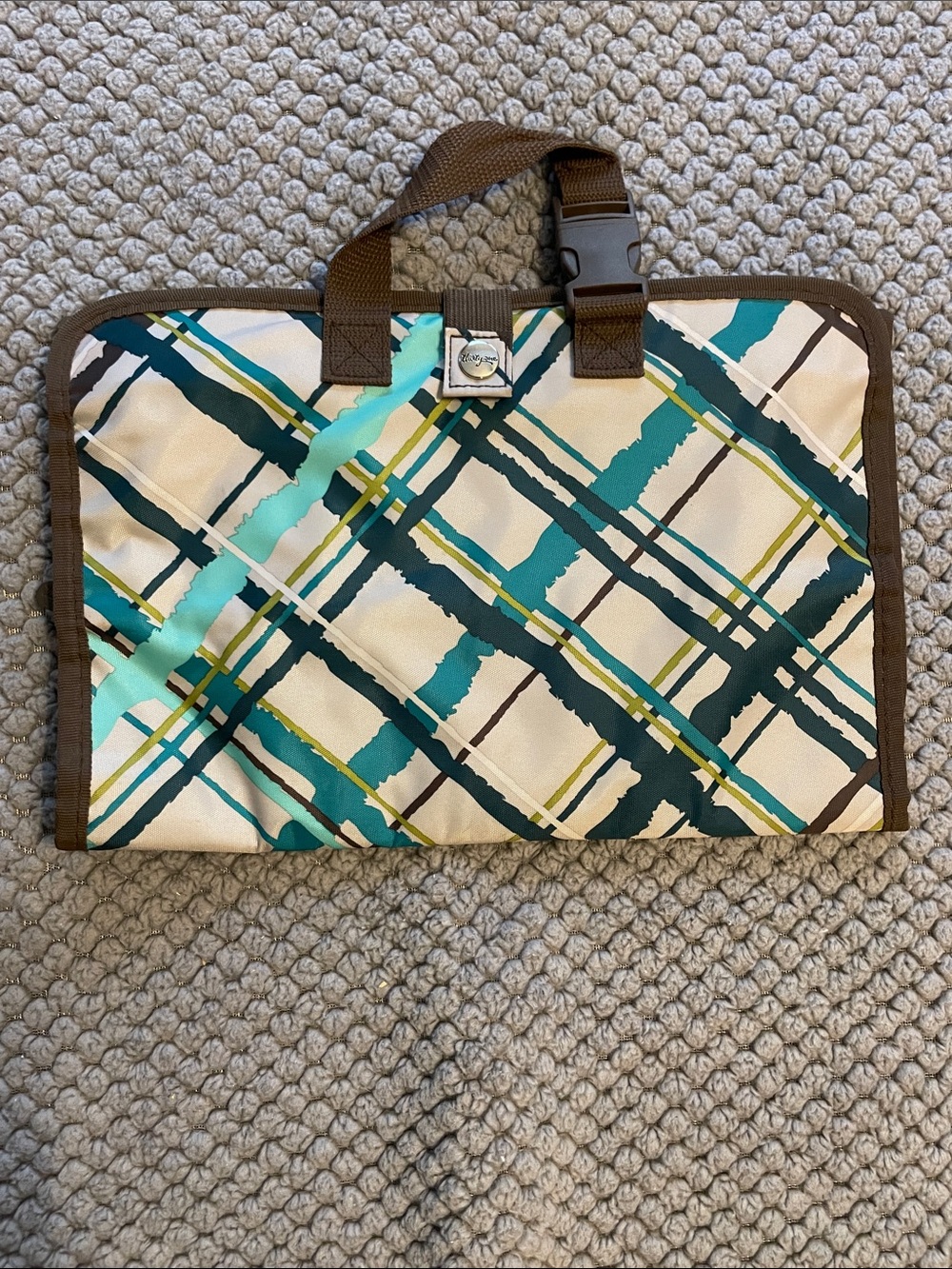 thirty-one Plaid Travel Cosmetic Case in Teal, Cream & Brown